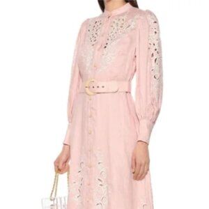 Zimmermann Heathers Belted Embroidered Pink Linen Dress